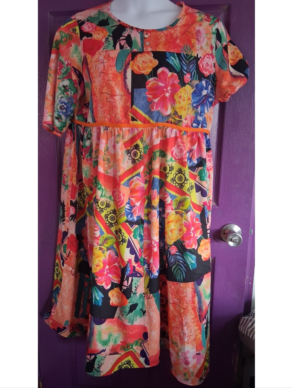 Bright Floral Patchwork Dress - Pink Orange Multi